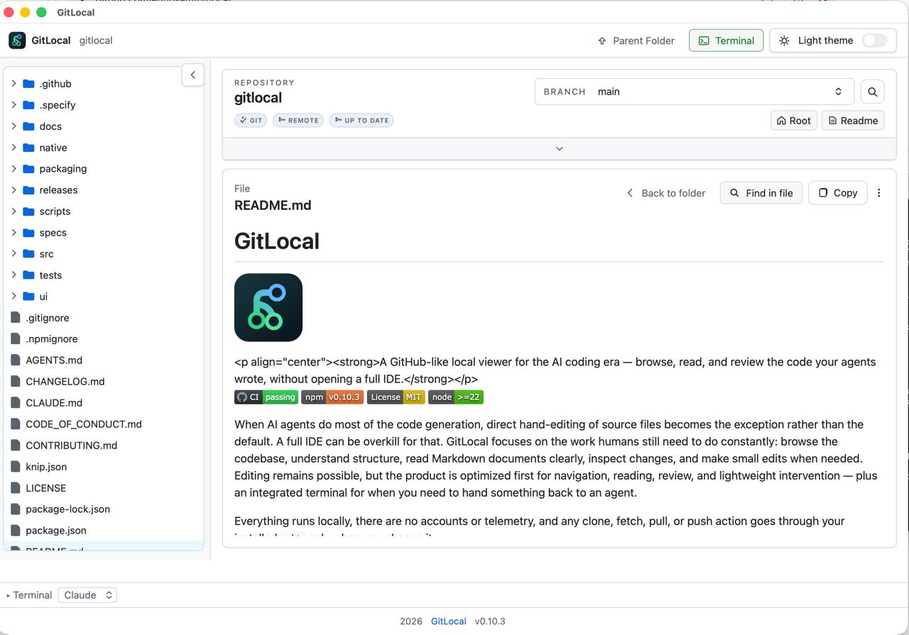 GitLocal showing a rendered README.md next to the file tree