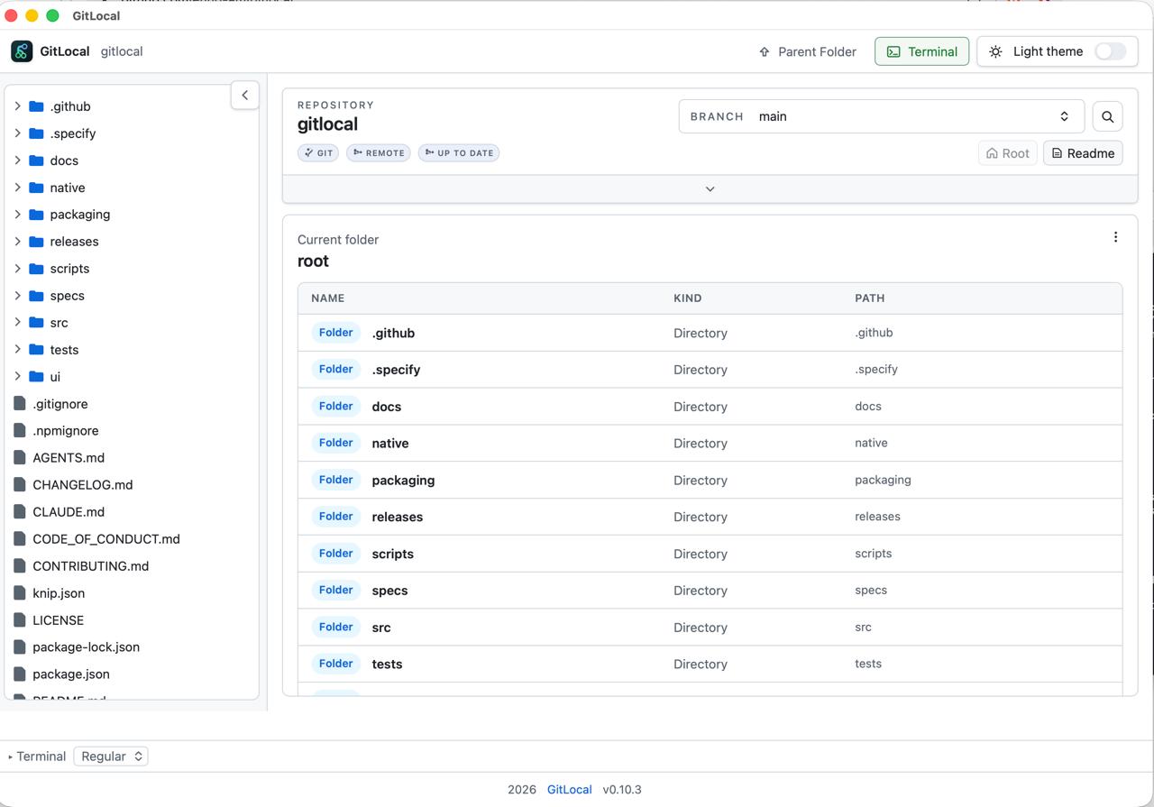 GitLocal showing a repository's file tree beside a folder view with a branch selector and git status badges